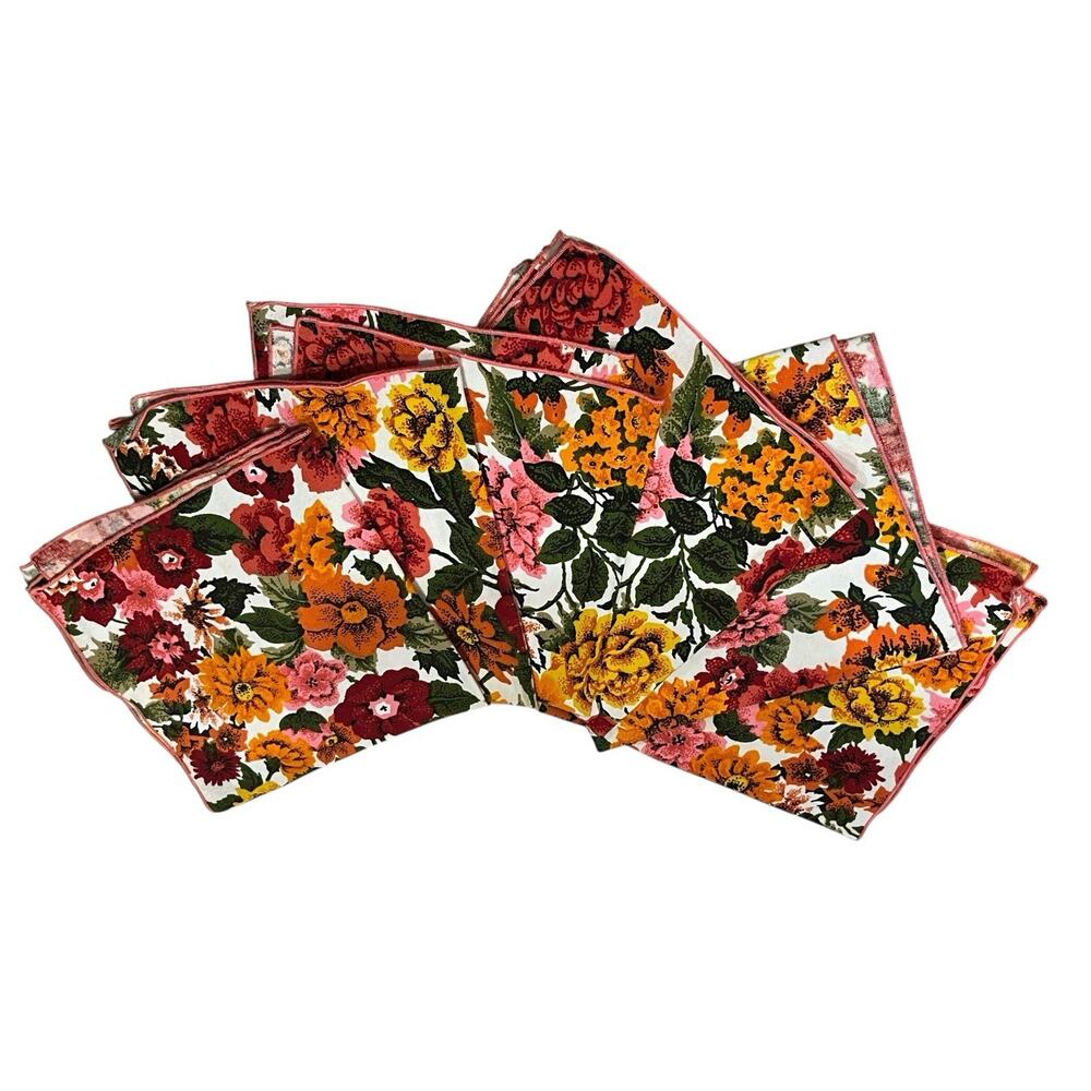 Vintage Floral Set of 6 Napkins MCM Retro 70s Mod Flower Power Pink Orange